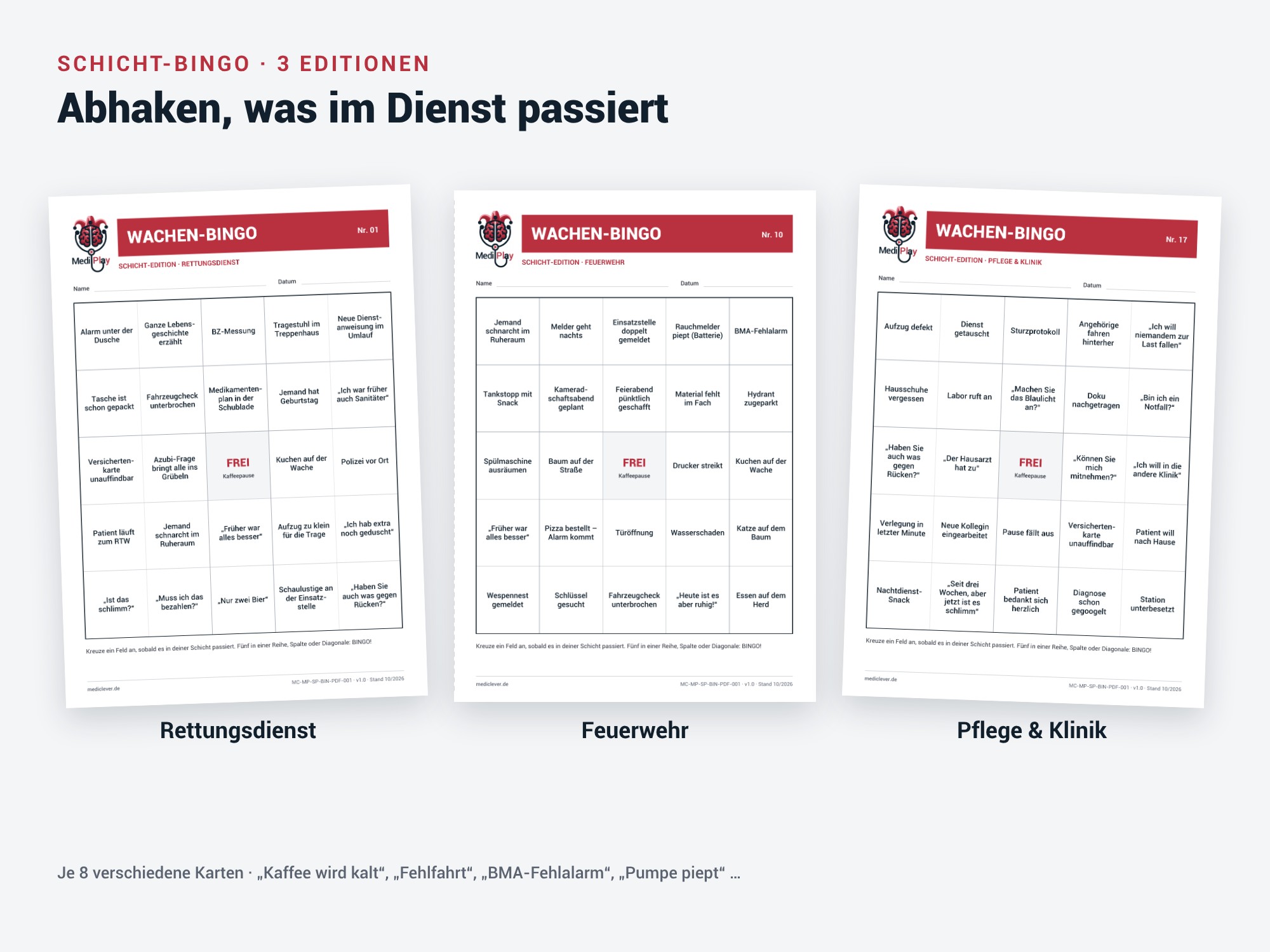 Schicht-Bingo Editionen Rettungsdienst Feuerwehr Pflege